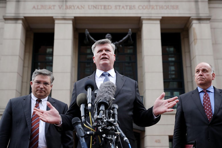 Kevin Downing, a lawyer for Paul Manafort, speaks to reporters outside the courthouse after the jury announced a verdict August 21, 2018 in Alexandria, Virginia.